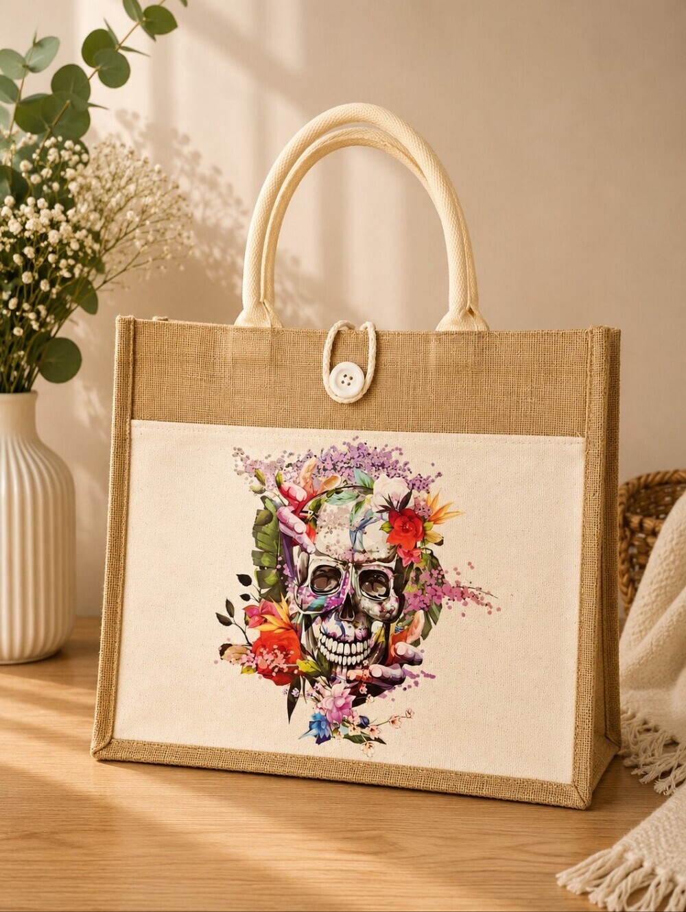 Floral Skull Tote Bag – Gothic Jute Canvas Statement Bag